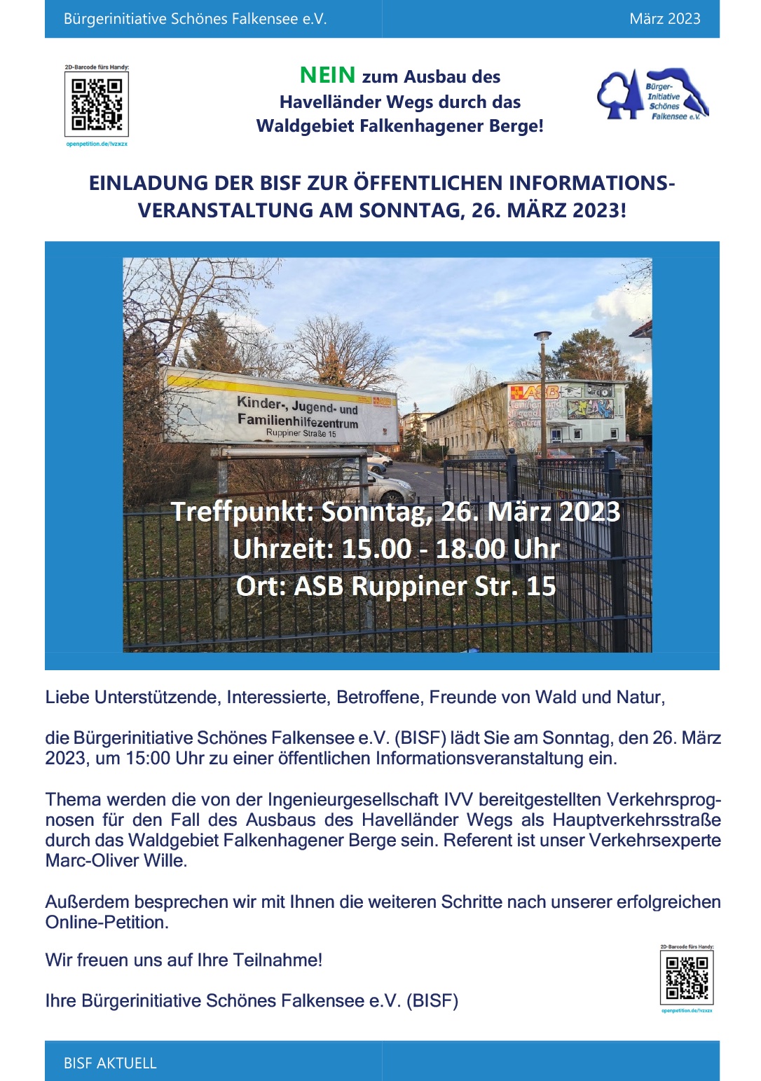 TIPP: Öffentliche Informations-veranstaltung zum Ausbau des Havelländer Weges, 26.03.2023, 15 Uhr